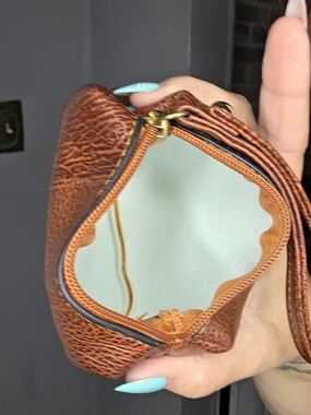 Compact Brown Leather Wristlet Mini Bag with Mint Interior